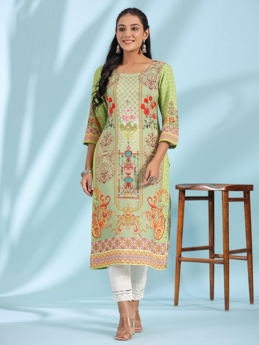 Juniper Green Rayon Floral Printed Round Neck Straight Kurta With Beadwork - Distacart
