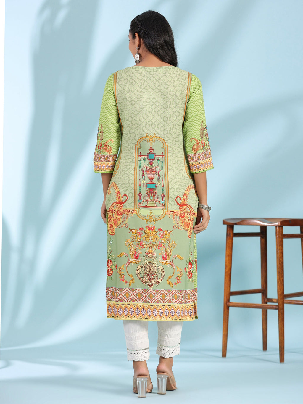 Juniper Green Rayon Floral Printed Round Neck Straight Kurta With Beadwork - Distacart