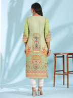Juniper Green Rayon Floral Printed Round Neck Straight Kurta With Beadwork - Distacart