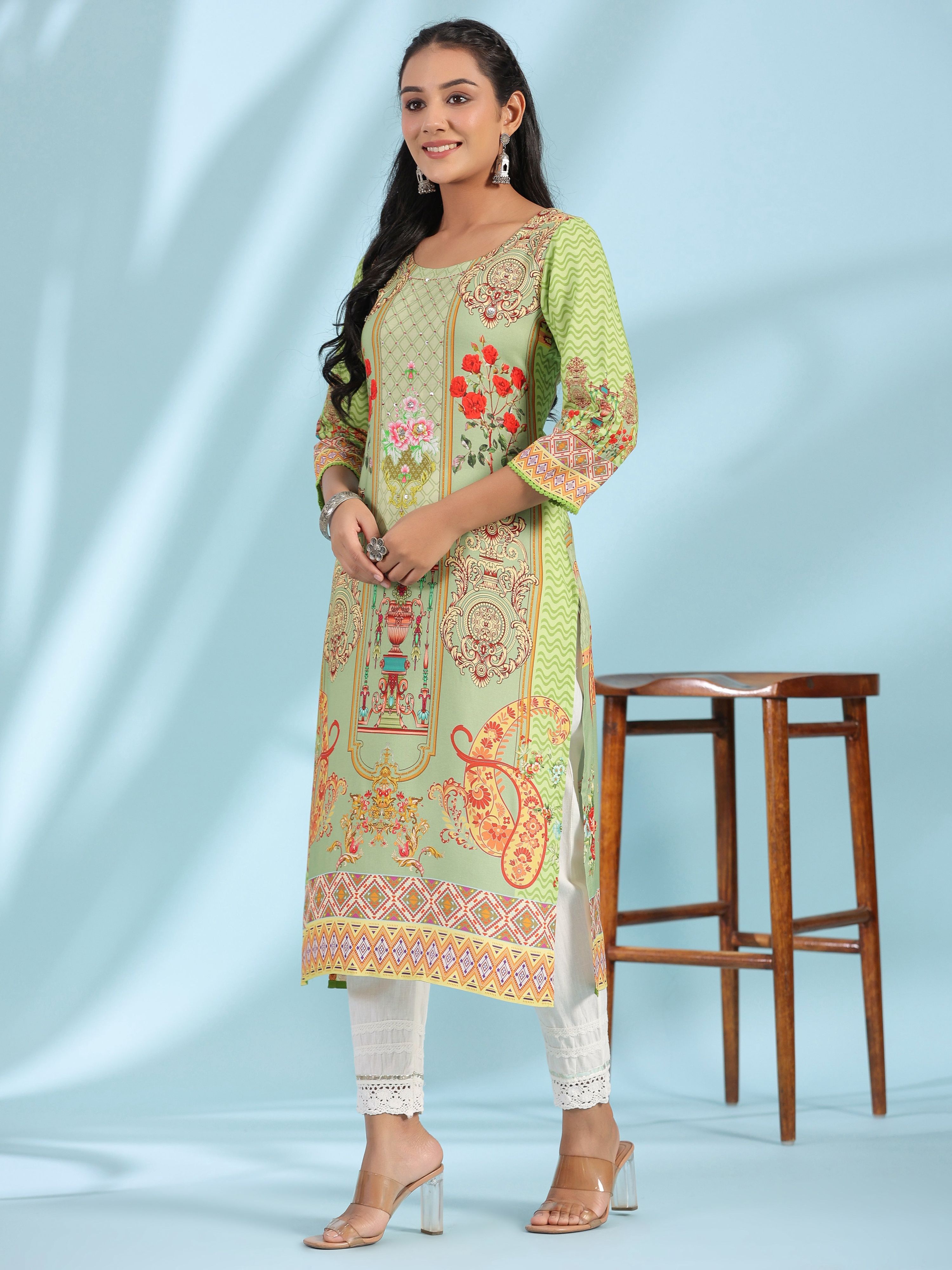 Juniper Green Rayon Floral Printed Round Neck Straight Kurta With Beadwork - Distacart