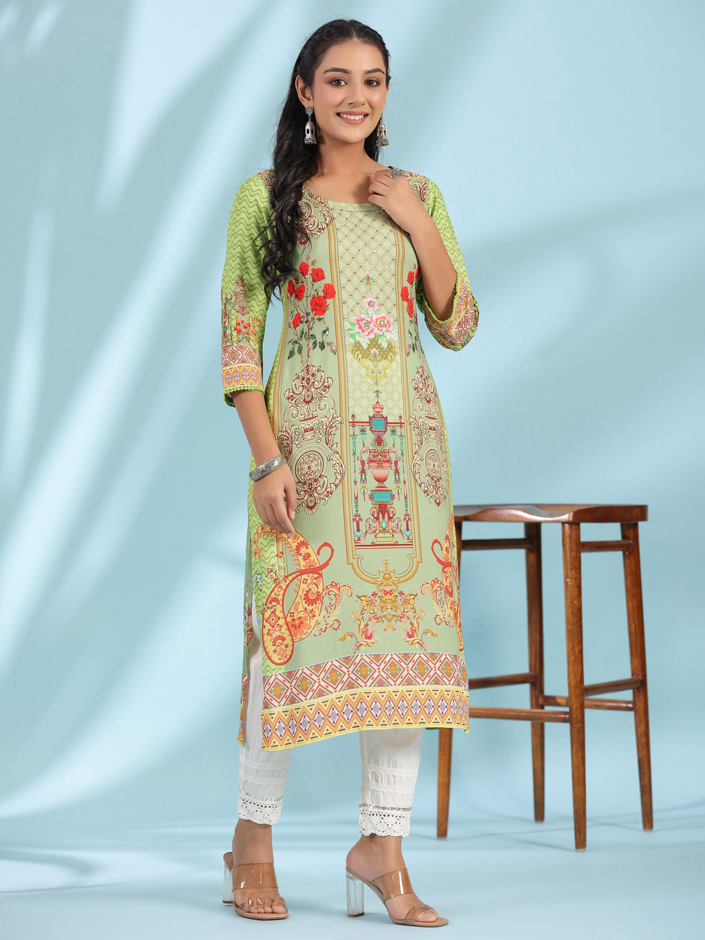 Juniper Green Rayon Floral Printed Round Neck Straight Kurta With Beadwork - Distacart