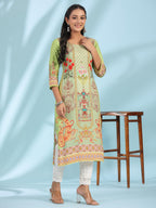 Juniper Green Rayon Floral Printed Round Neck Straight Kurta With Beadwork - Distacart
