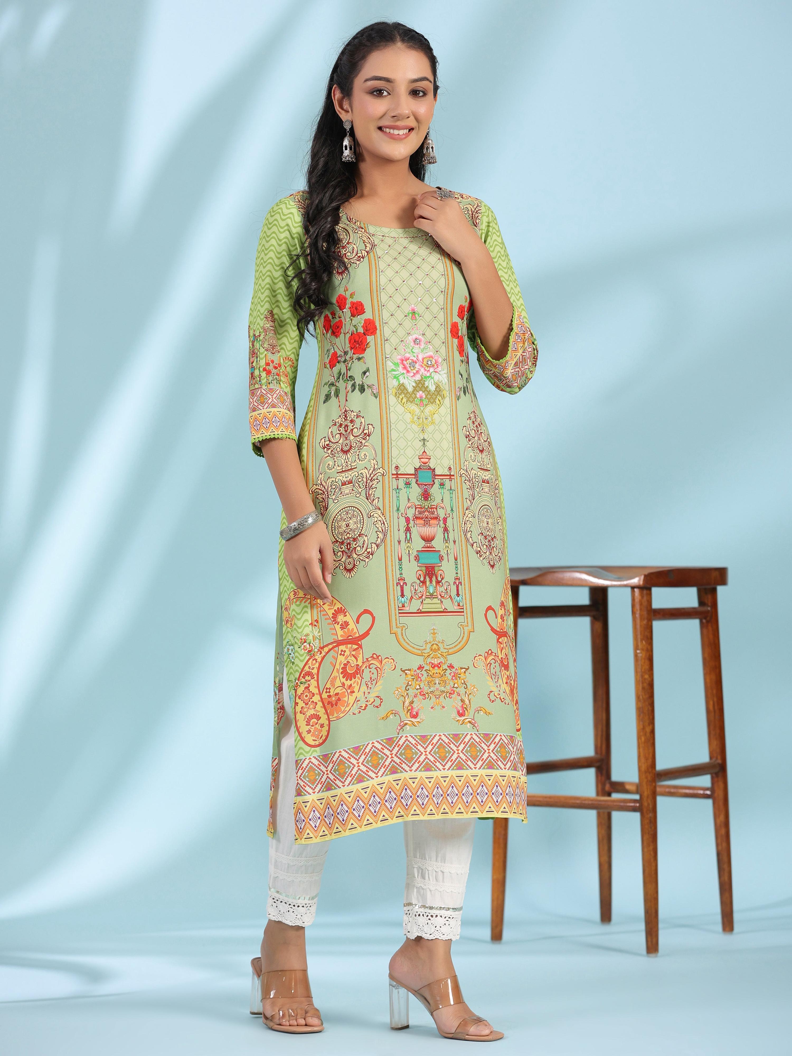 Juniper Green Rayon Floral Printed Round Neck Straight Kurta With Beadwork - Distacart