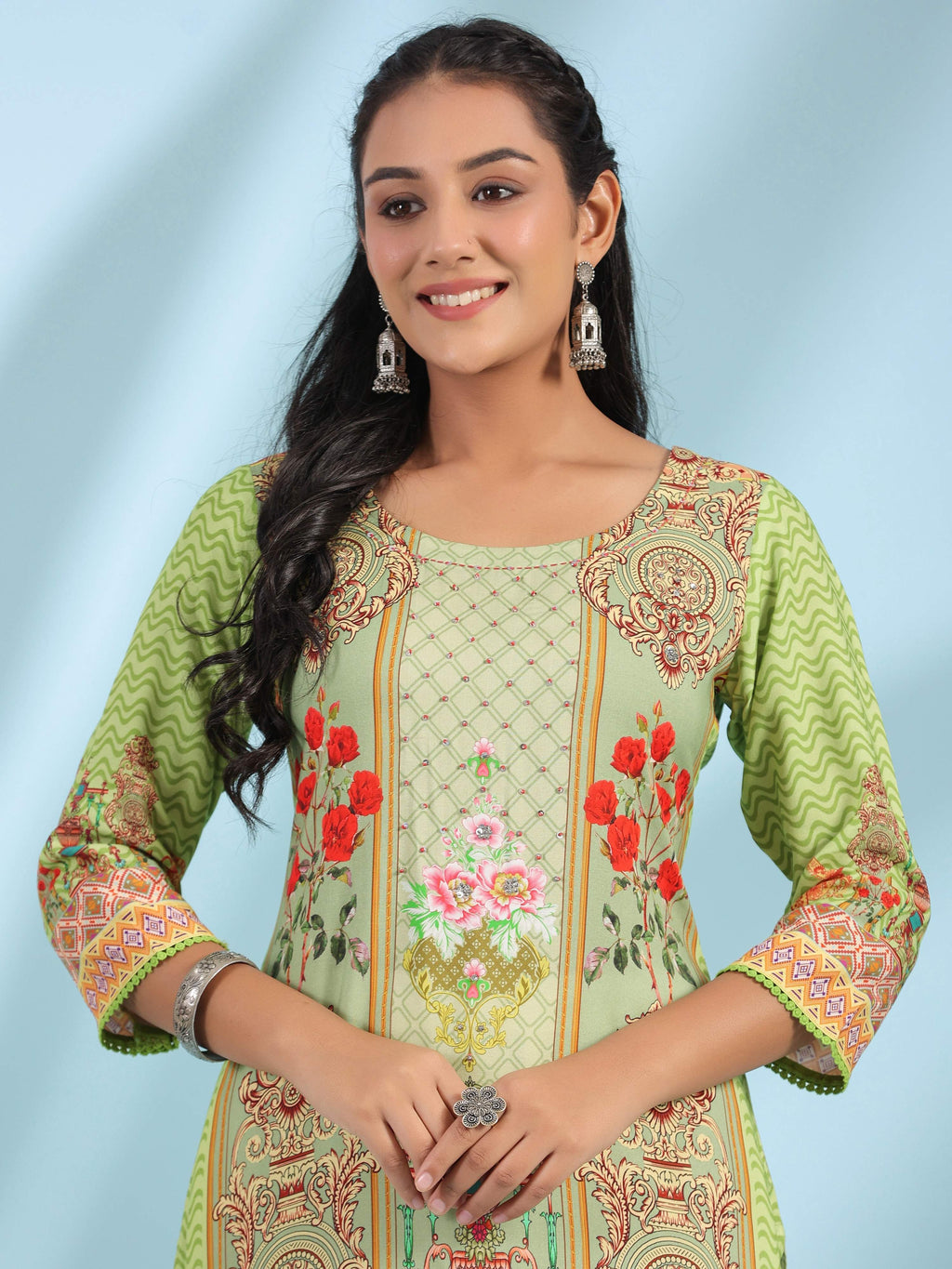 Juniper Green Rayon Floral Printed Round Neck Straight Kurta With Beadwork - Distacart