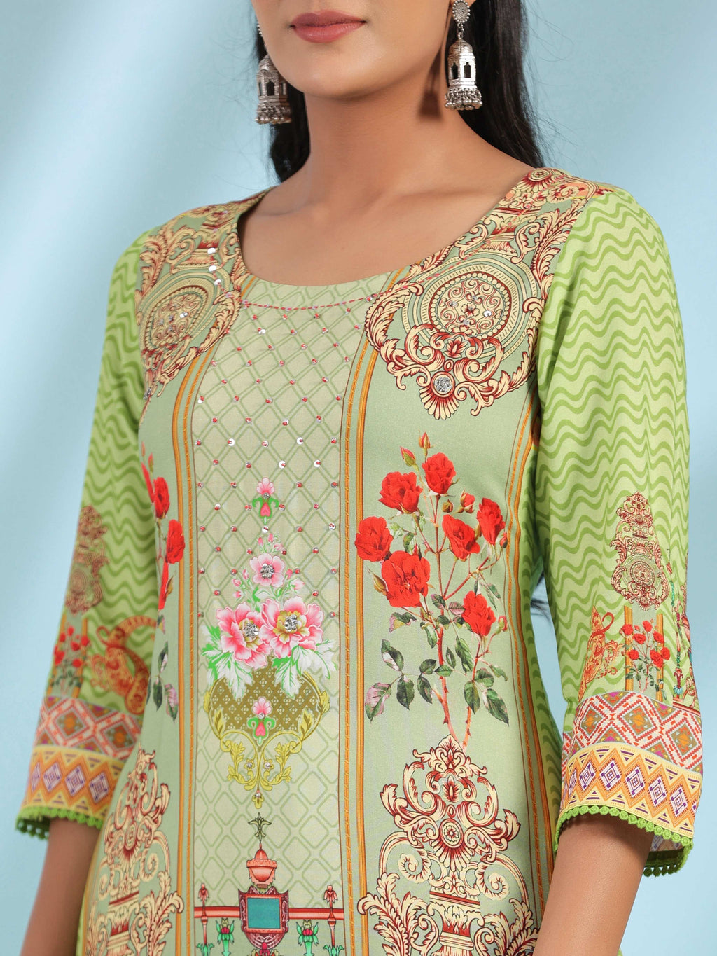 Juniper Green Rayon Floral Printed Round Neck Straight Kurta With Beadwork - Distacart
