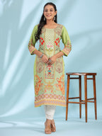 Juniper Green Rayon Floral Printed Round Neck Straight Kurta With Beadwork - Distacart