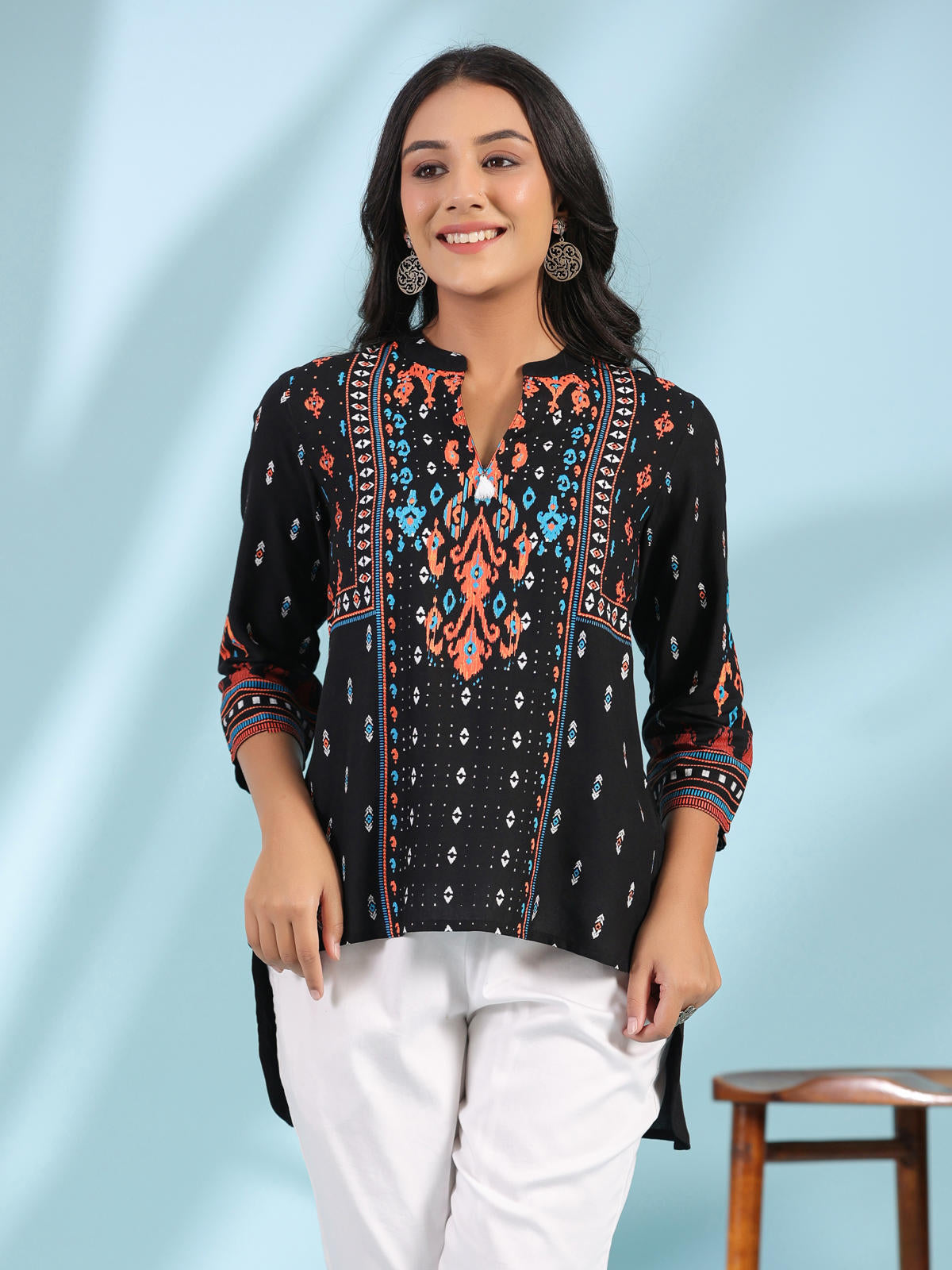Juniper Women's Black Rayon Ikat Placement Printed High-Low Tunic With Side Slits & Tassels