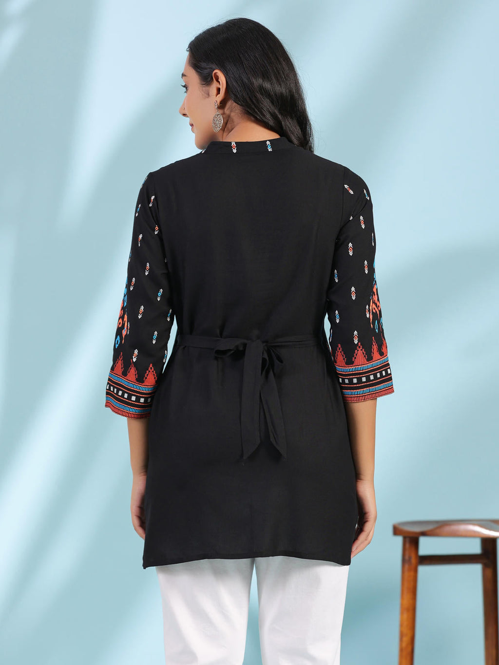 Juniper Women's Black Rayon Ikat Placement Printed High-Low Tunic With Side Slits & Tassels