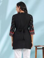 Juniper Women's Black Rayon Ikat Placement Printed High-Low Tunic With Side Slits & Tassels