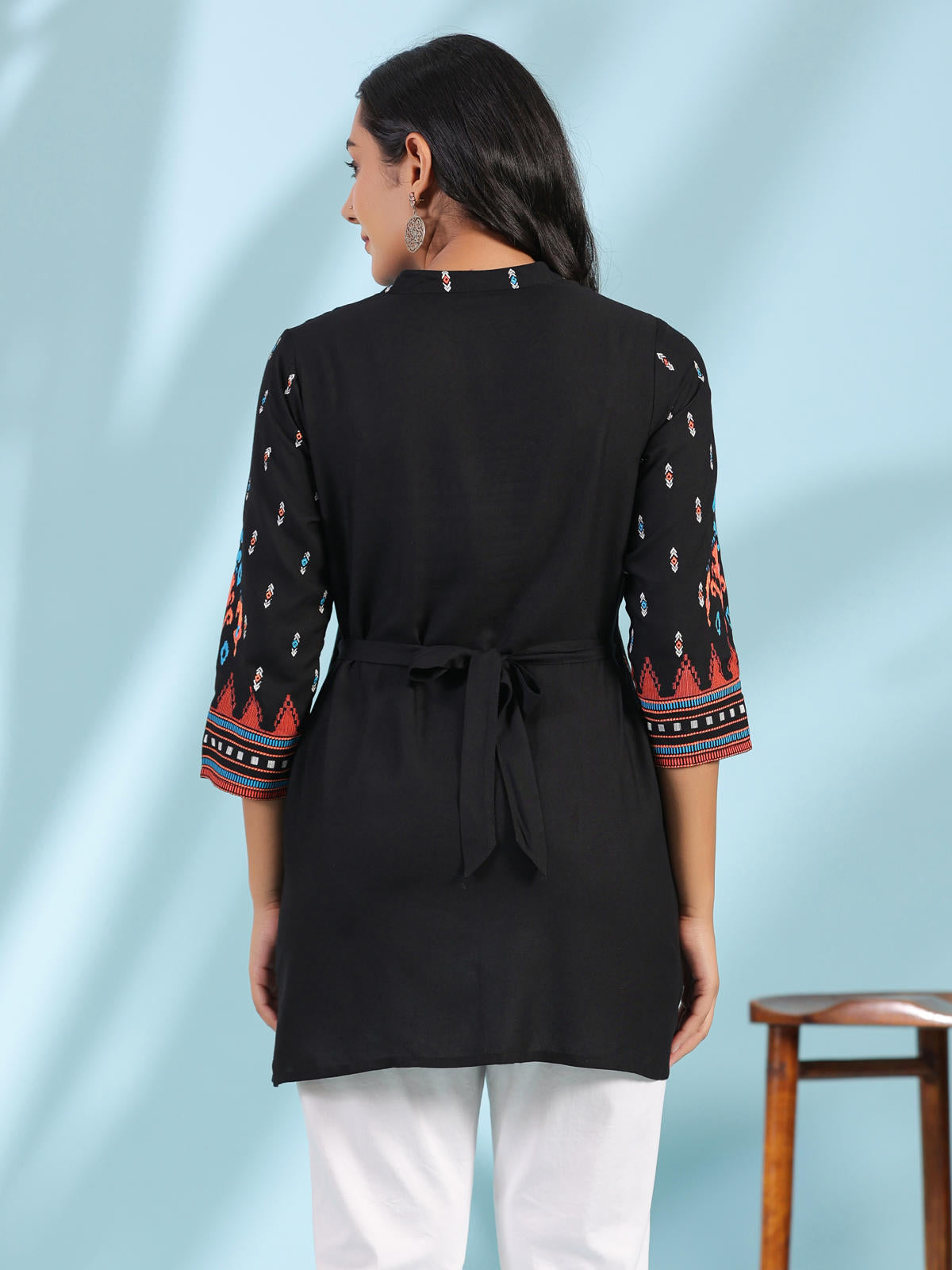 Juniper Women's Black Rayon Ikat Placement Printed High-Low Tunic With Side Slits & Tassels