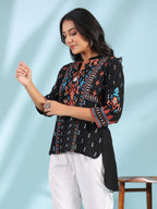 Juniper Women's Black Rayon Ikat Placement Printed High-Low Tunic With Side Slits & Tassels