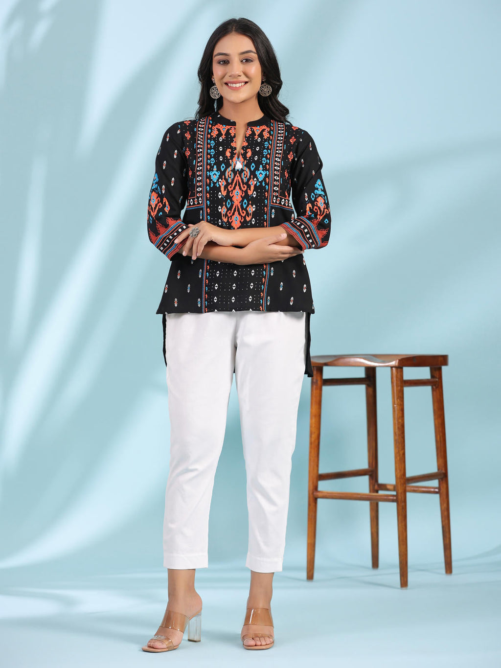 Juniper Women's Black Rayon Ikat Placement Printed High-Low Tunic With Side Slits & Tassels