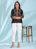 Juniper Women's Black Rayon Ikat Placement Printed High-Low Tunic With Side Slits & Tassels