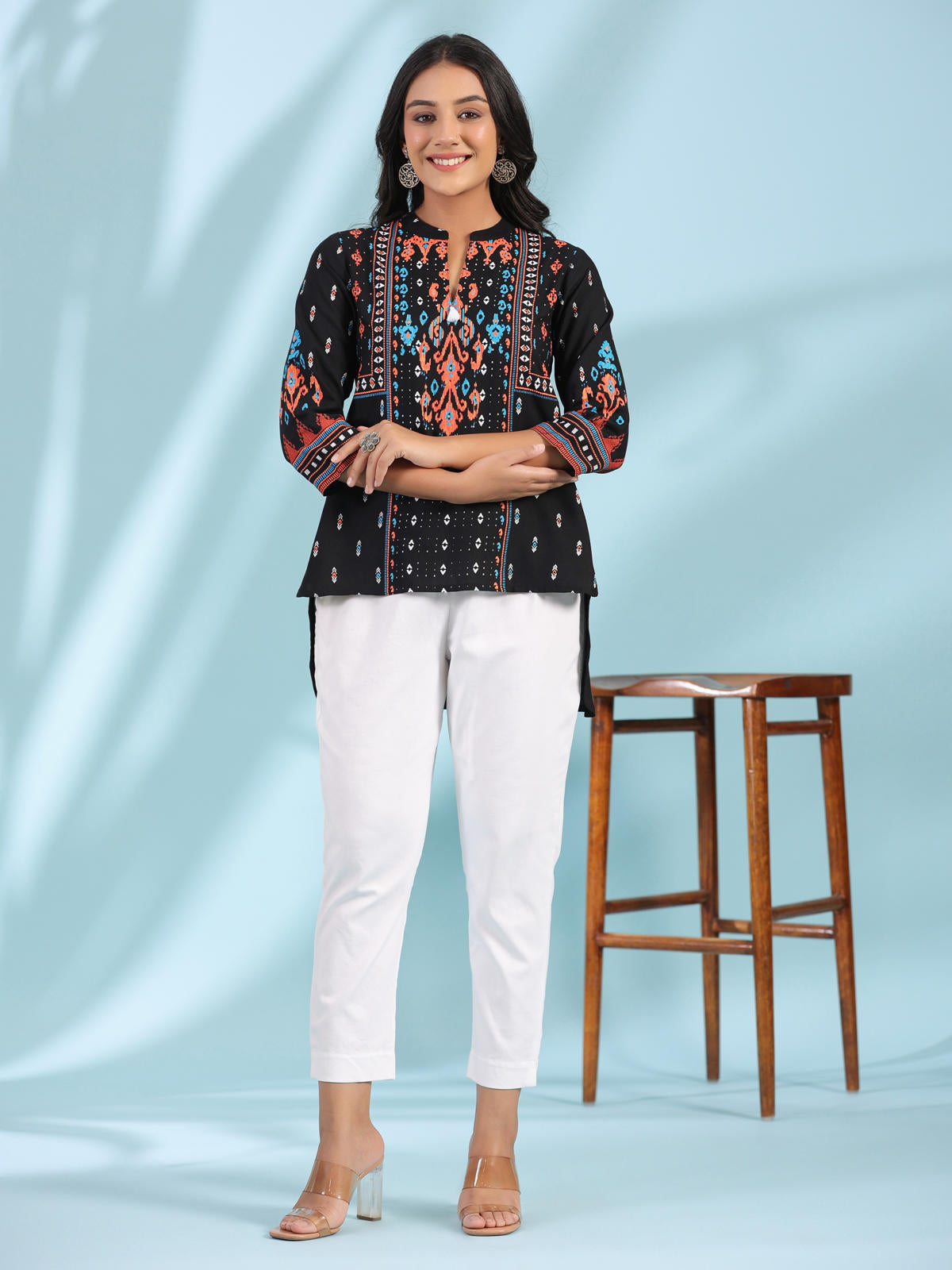 Juniper Women's Black Rayon Ikat Placement Printed High-Low Tunic With Side Slits & Tassels