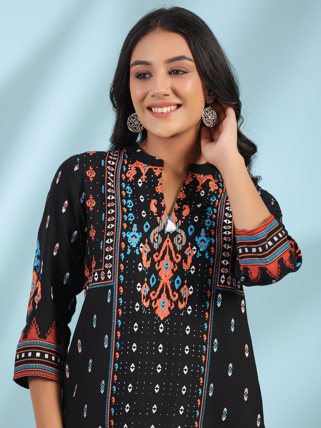 Juniper Women's Black Rayon Ikat Placement Printed High-Low Tunic With Side Slits & Tassels