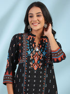 Juniper Women's Black Rayon Ikat Placement Printed High-Low Tunic With Side Slits & Tassels