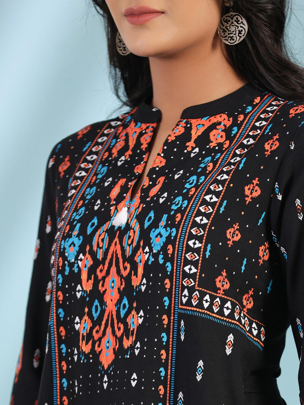 Juniper Women's Black Rayon Ikat Placement Printed High-Low Tunic With Side Slits & Tassels