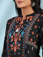 Juniper Women's Black Rayon Ikat Placement Printed High-Low Tunic With Side Slits & Tassels