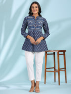 Juniper Women Blue Cotton Cambric Printed A-Line Tunic