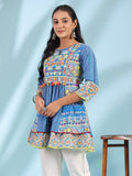 Juniper The Sujani Blue Floral Printed Pure Cotton Tunic With Thread Work