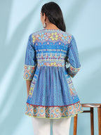 Juniper The Sujani Blue Floral Printed Pure Cotton Tunic With Thread Work