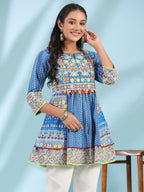 Juniper The Sujani Blue Floral Printed Pure Cotton Tunic With Thread Work