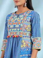 Juniper The Sujani Blue Floral Printed Pure Cotton Tunic With Thread Work