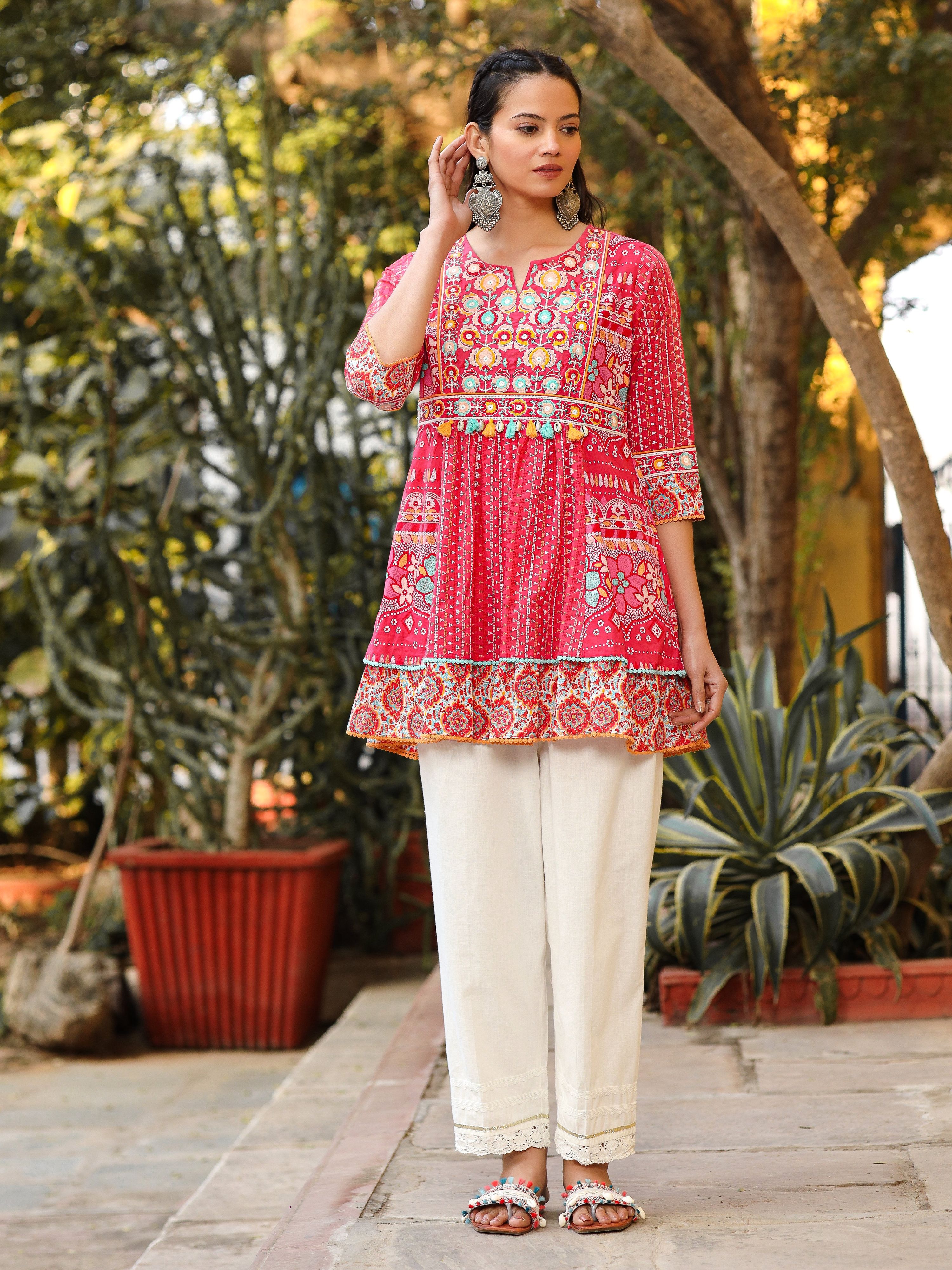 Juniper Women Pink Cotton Cambric printed & Embroidered Tunic