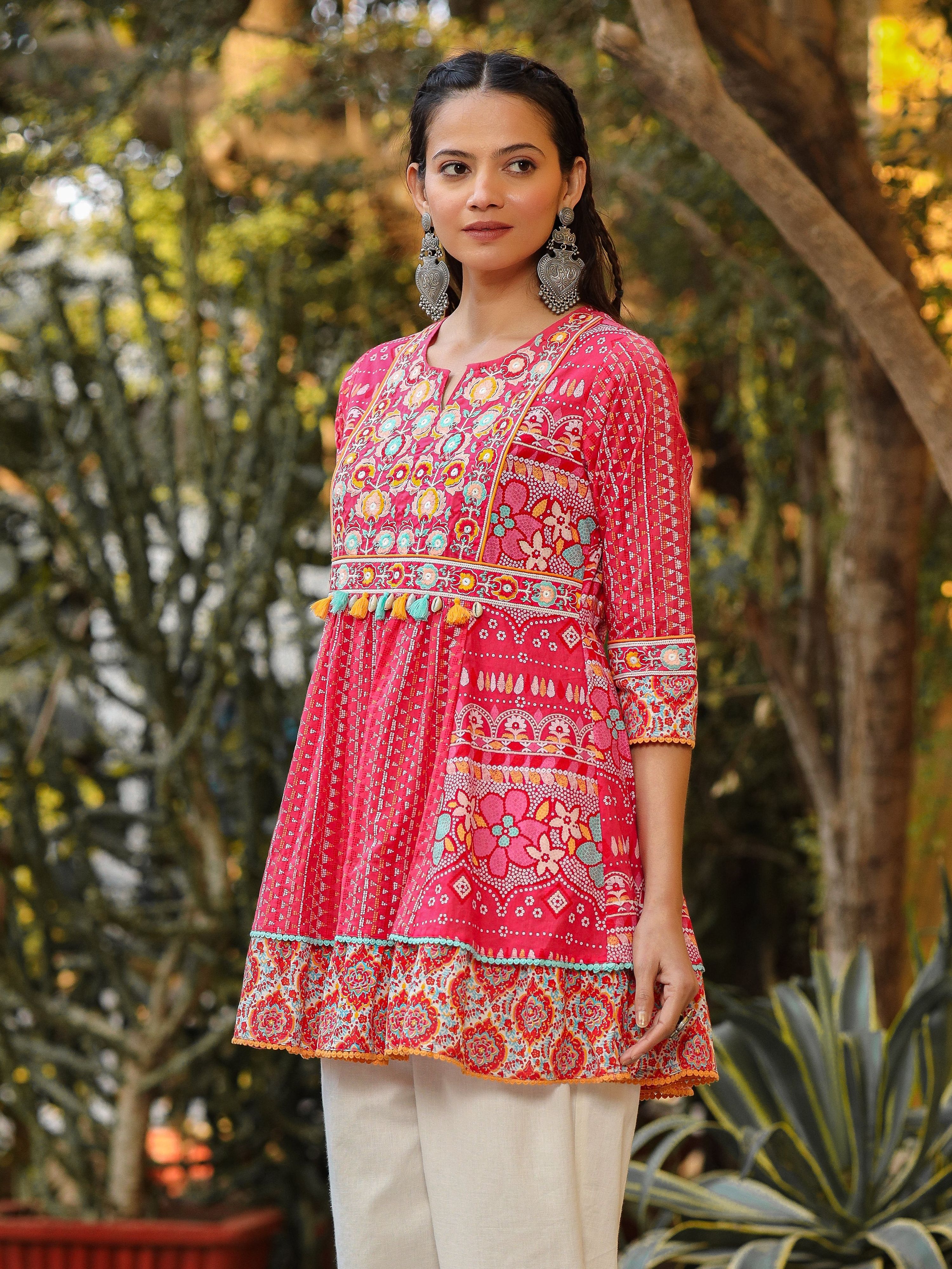Juniper Women Pink Cotton Cambric printed & Embroidered Tunic