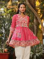 Juniper Women Pink Cotton Cambric printed & Embroidered Tunic