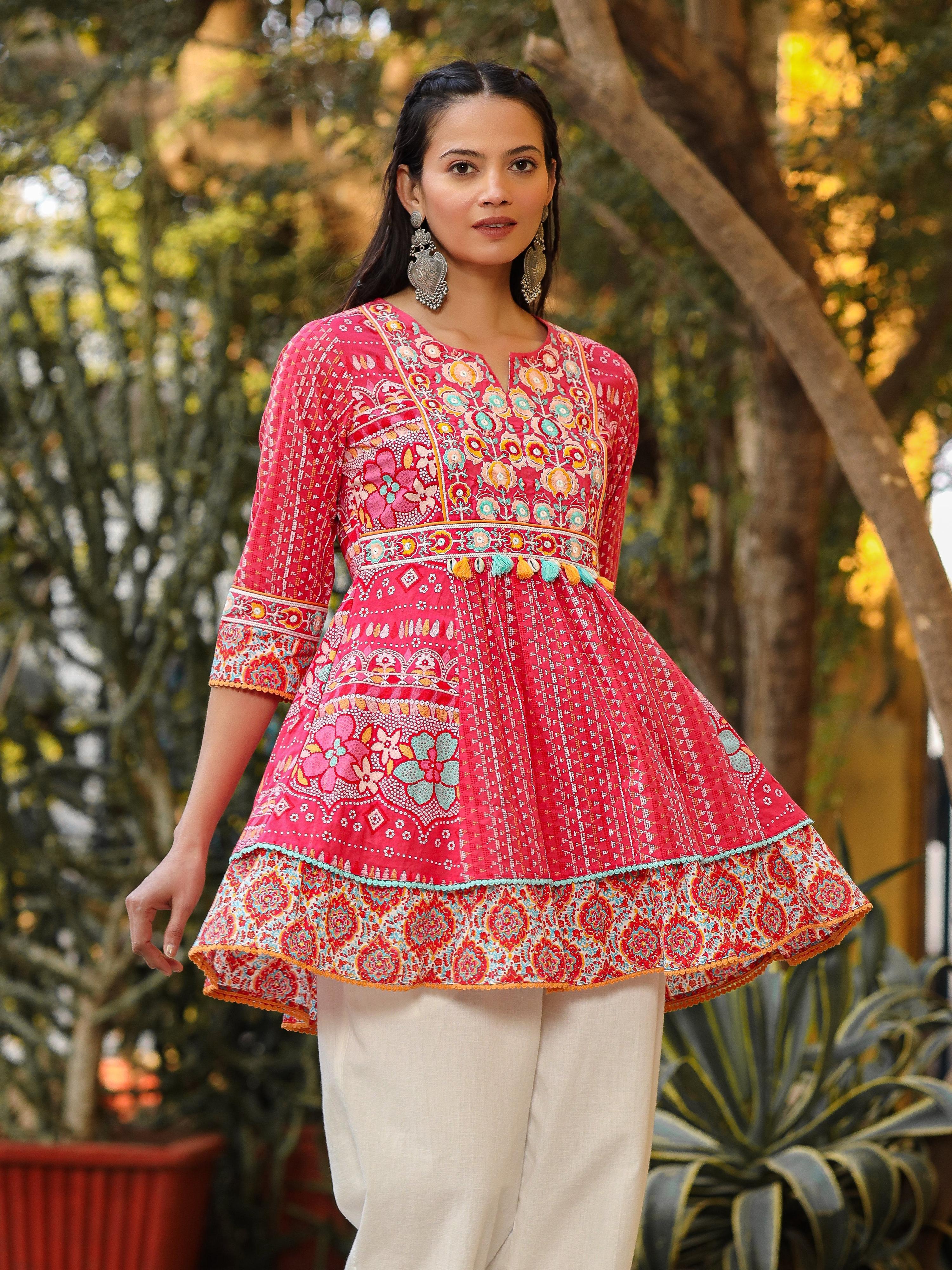 Juniper Women Pink Cotton Cambric printed & Embroidered Tunic