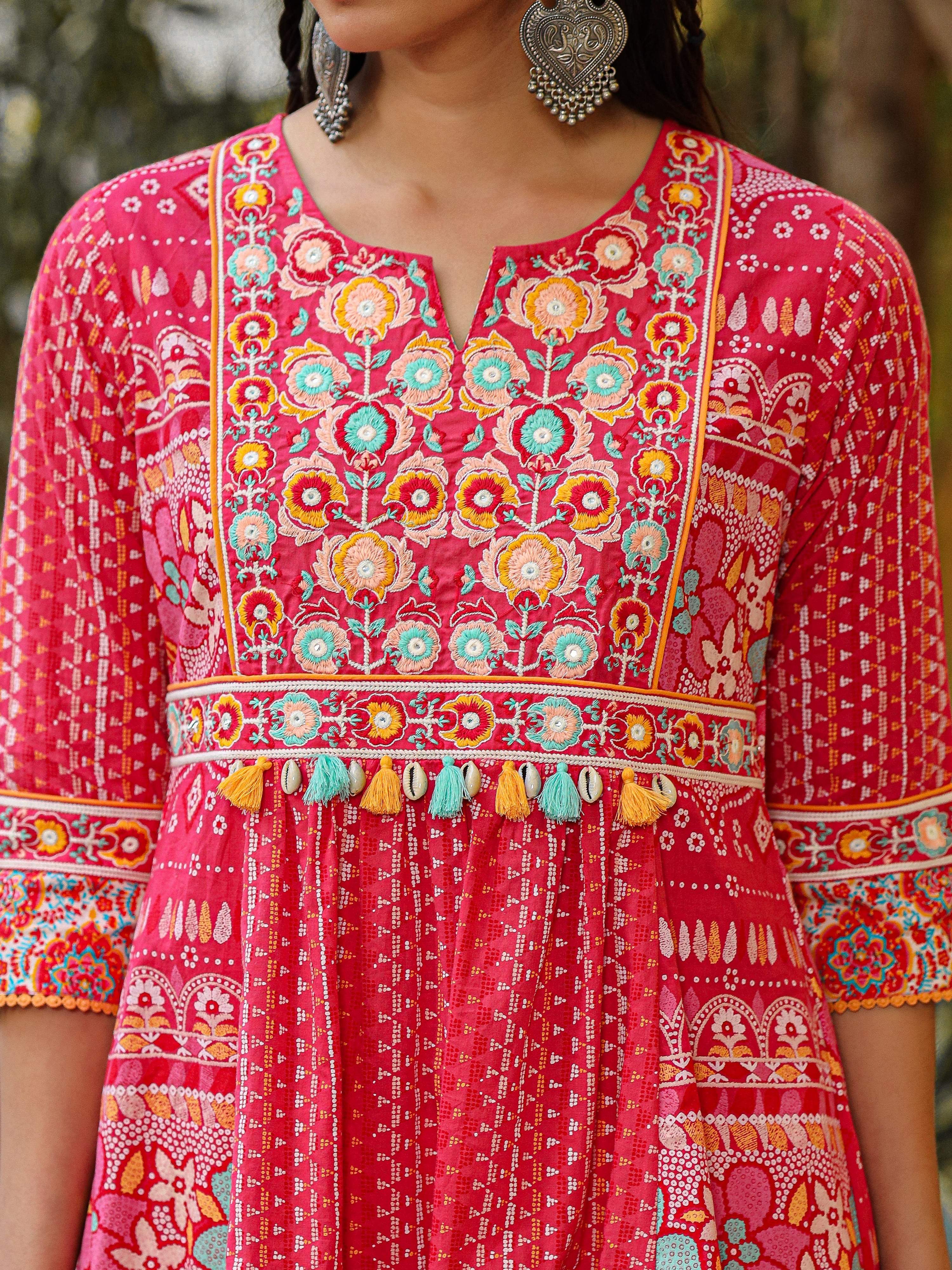 Juniper Women Pink Cotton Cambric printed & Embroidered Tunic