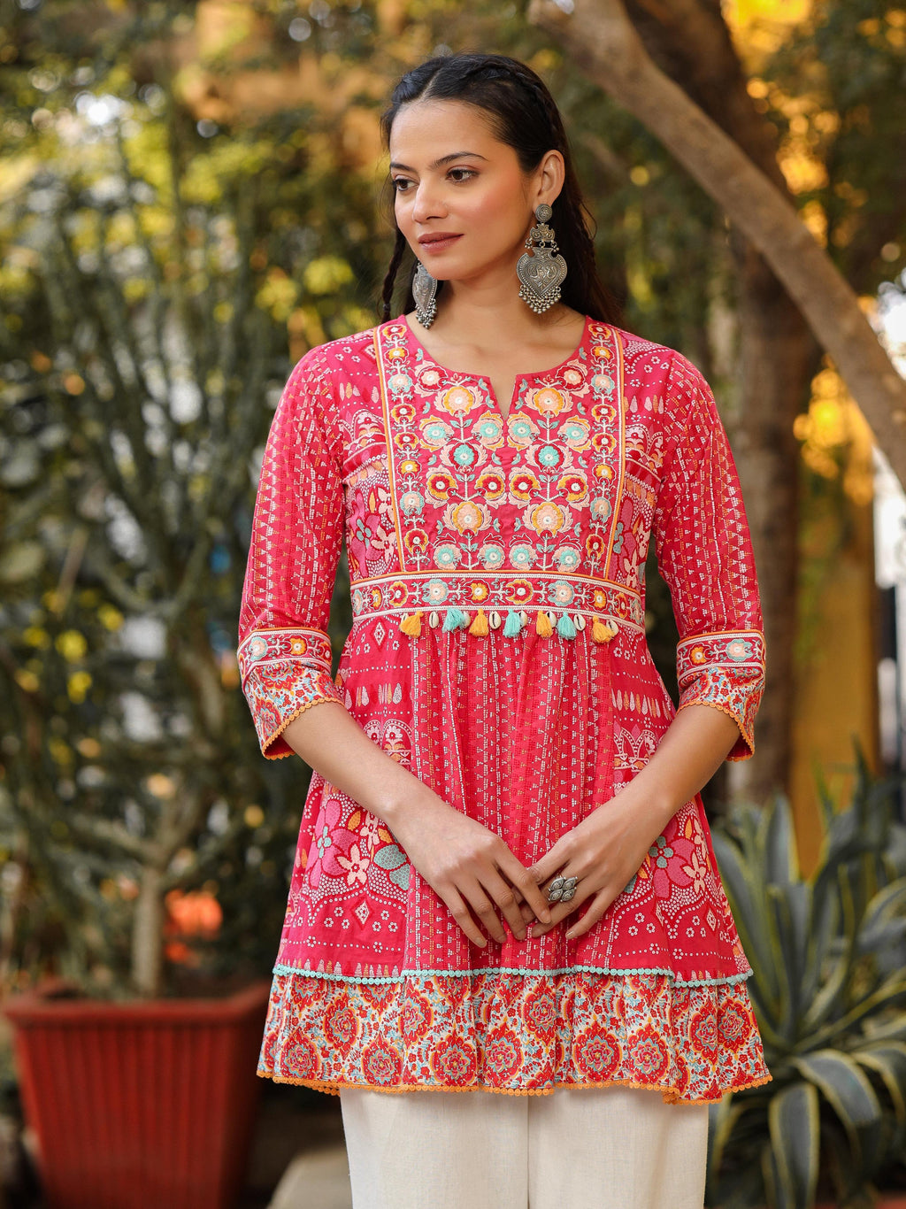 Juniper Women Pink Cotton Cambric printed & Embroidered Tunic