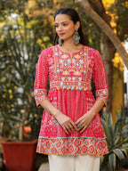 Juniper Women Pink Cotton Cambric printed & Embroidered Tunic