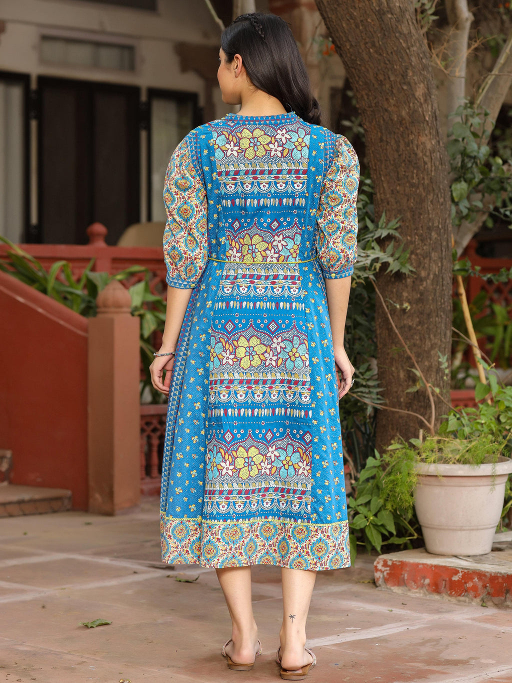 Juniper Blue Floral Printed Pure Cotton Dress & Doris With Beads Work - Distacart