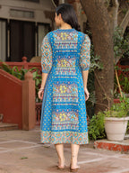 Juniper Blue Floral Printed Pure Cotton Dress & Doris With Beads Work - Distacart
