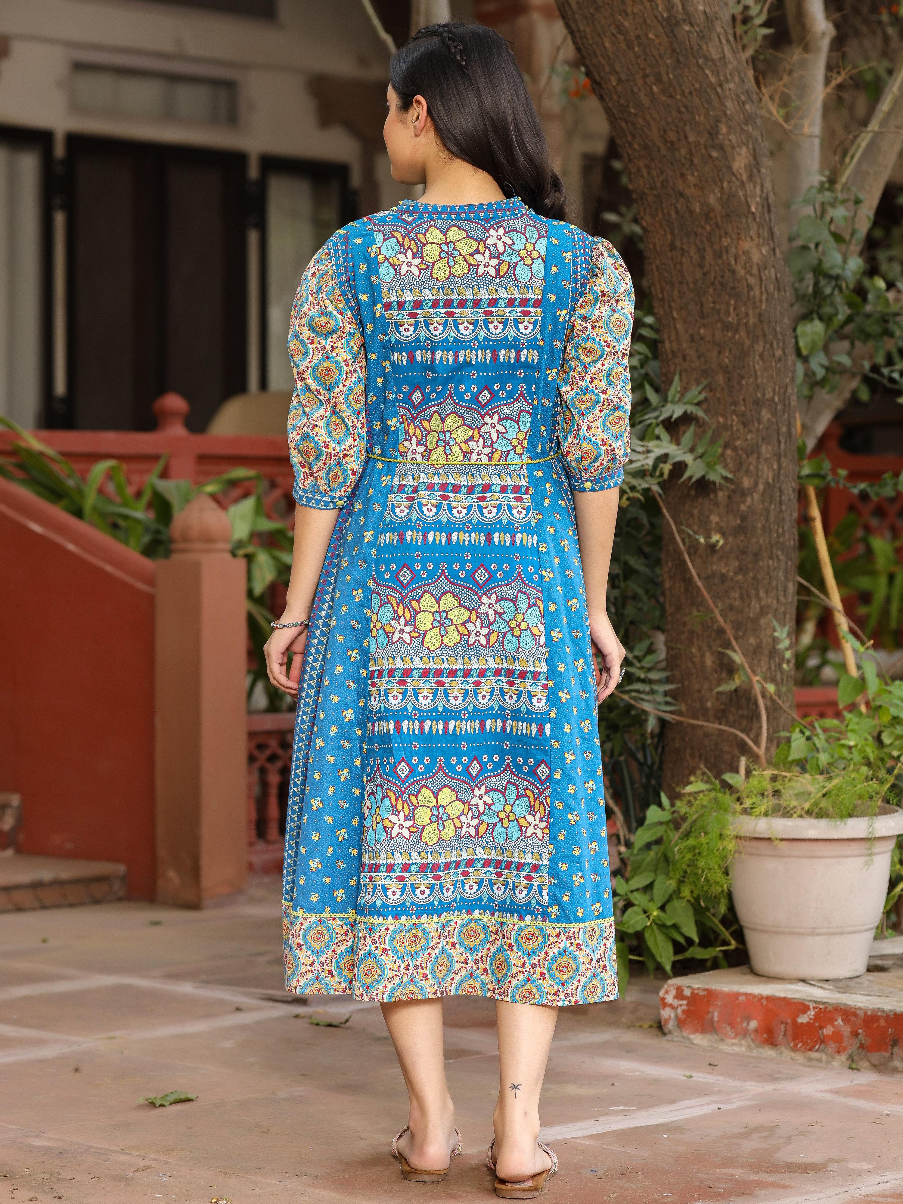 Juniper Blue Floral Printed Pure Cotton Dress & Doris With Beads Work - Distacart