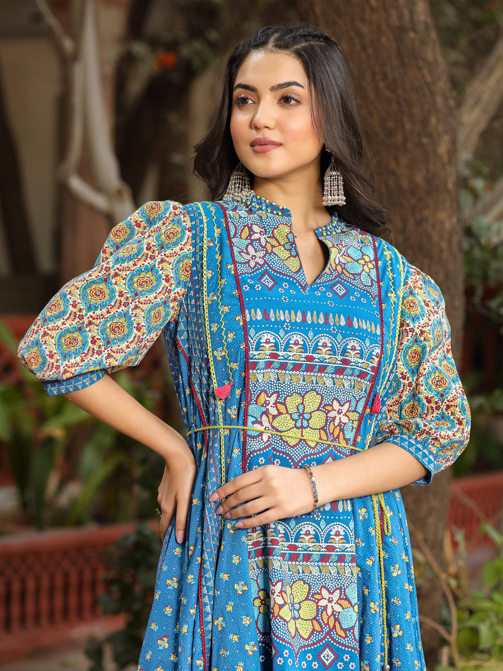 Juniper Blue Floral Printed Pure Cotton Dress & Doris With Beads Work - Distacart