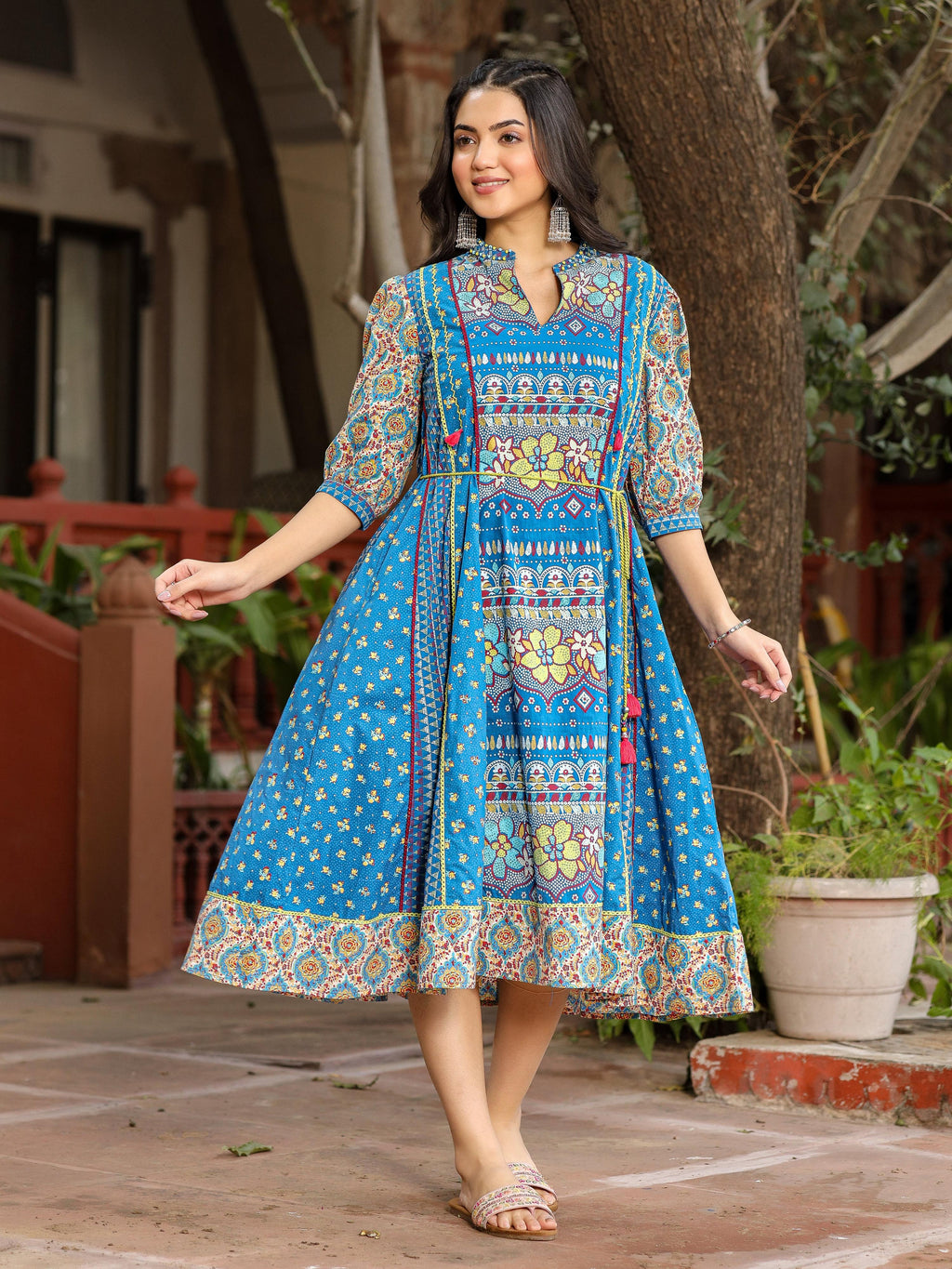 Juniper Blue Floral Printed Pure Cotton Dress & Doris With Beads Work - Distacart