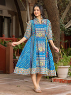 Juniper Blue Floral Printed Pure Cotton Dress & Doris With Beads Work - Distacart