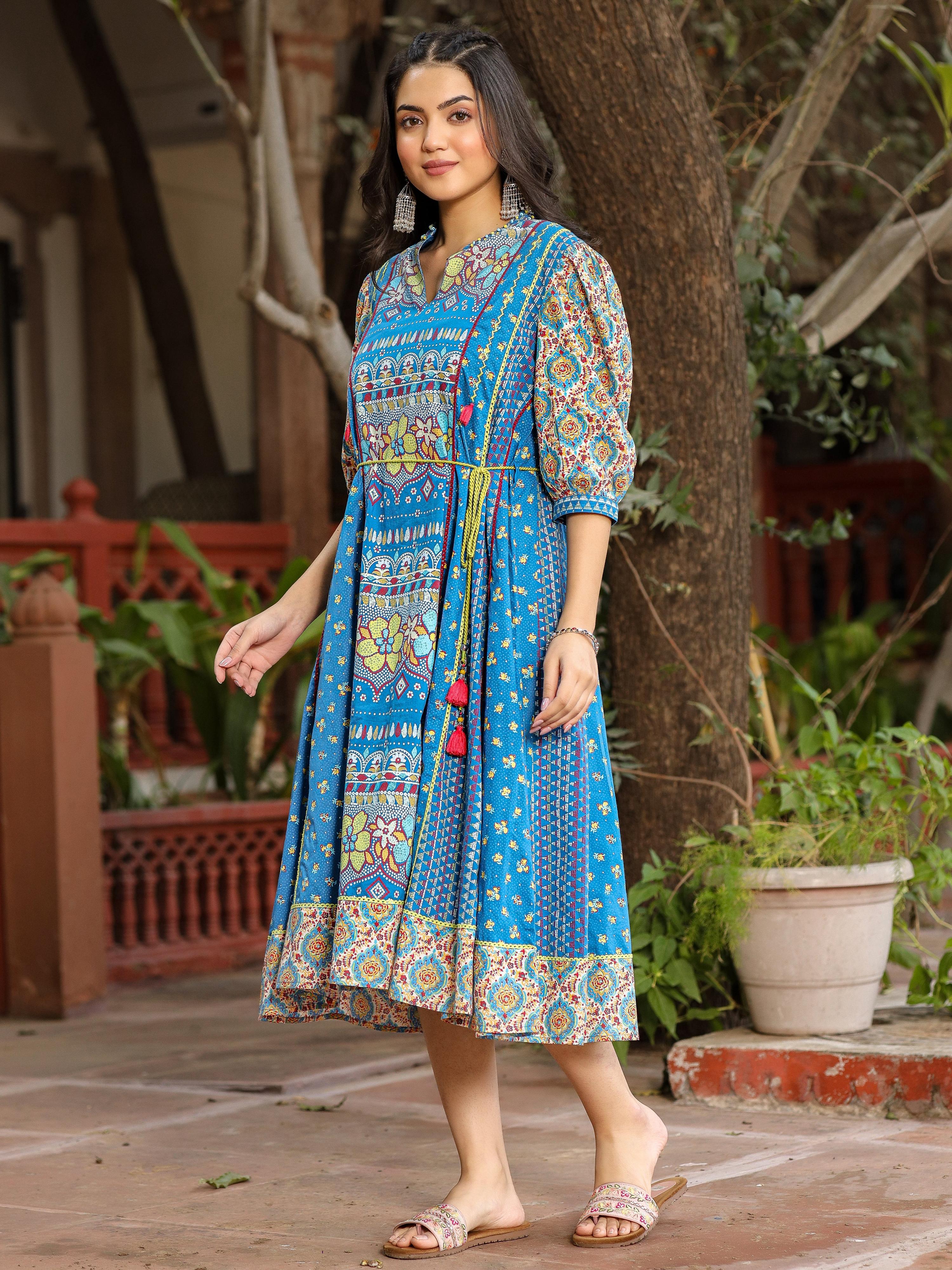 Juniper Blue Floral Printed Pure Cotton Dress & Doris With Beads Work - Distacart