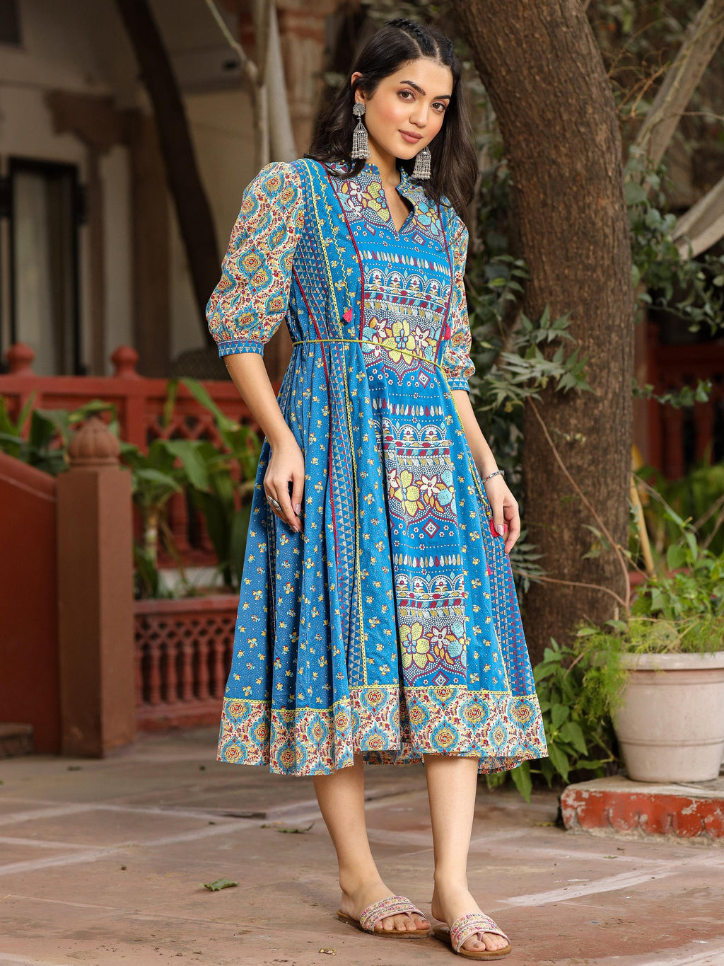 Juniper Blue Floral Printed Pure Cotton Dress & Doris With Beads Work - Distacart