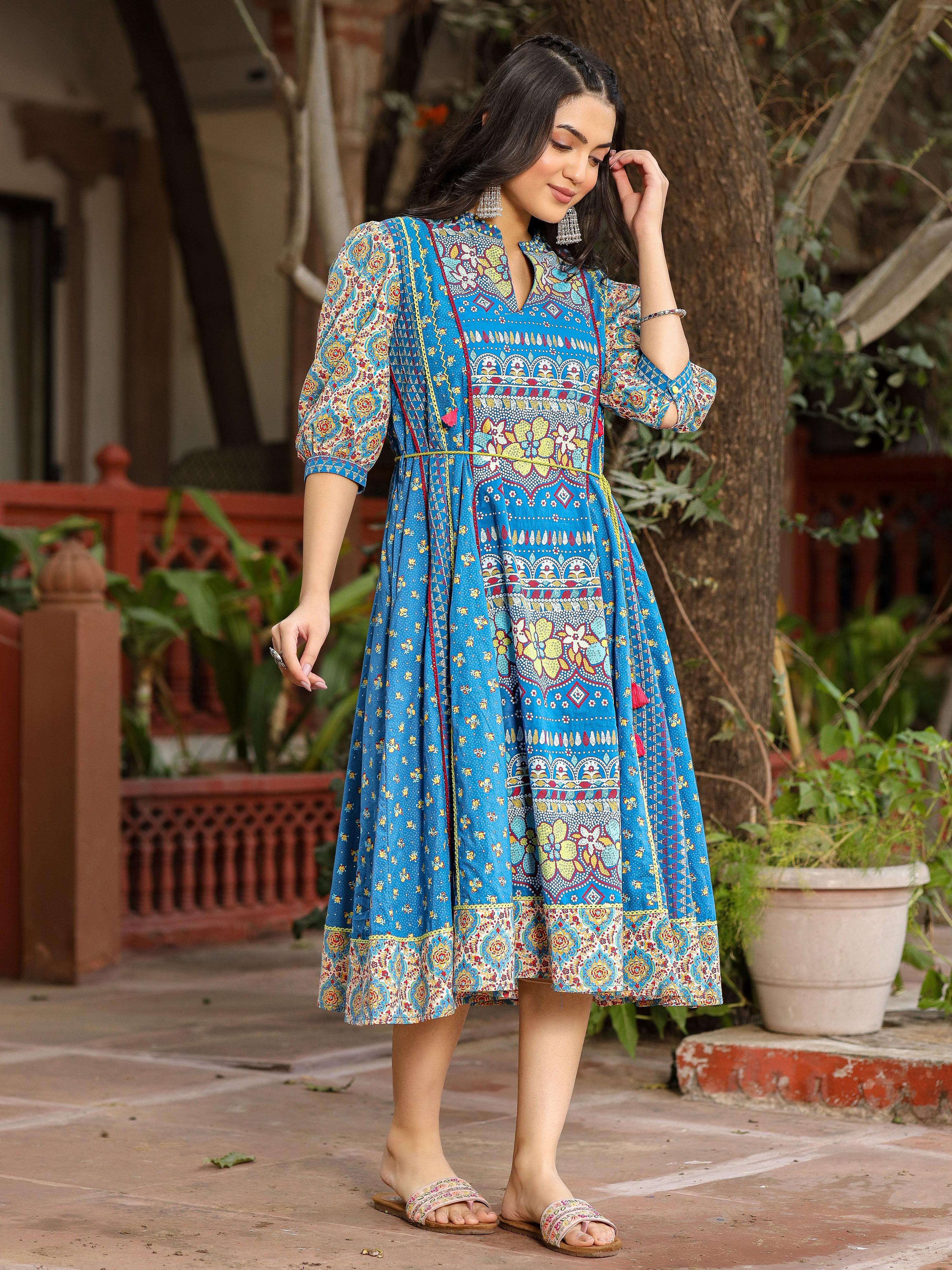 Juniper Blue Floral Printed Pure Cotton Dress & Doris With Beads Work - Distacart