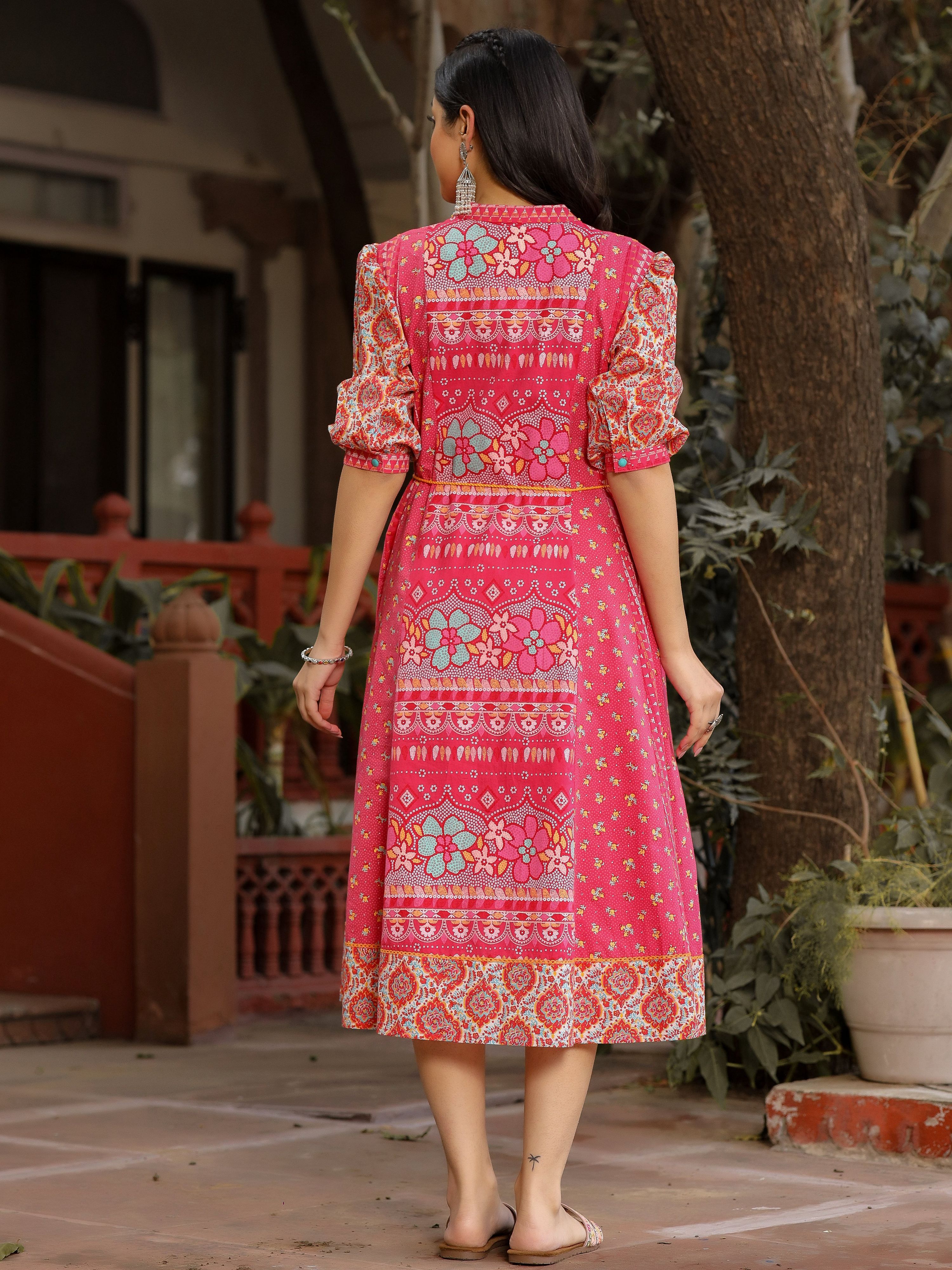 Juniper Women's Pink Floral Printed Pure Cotton Dress & Doris With Beads Work - Distacart