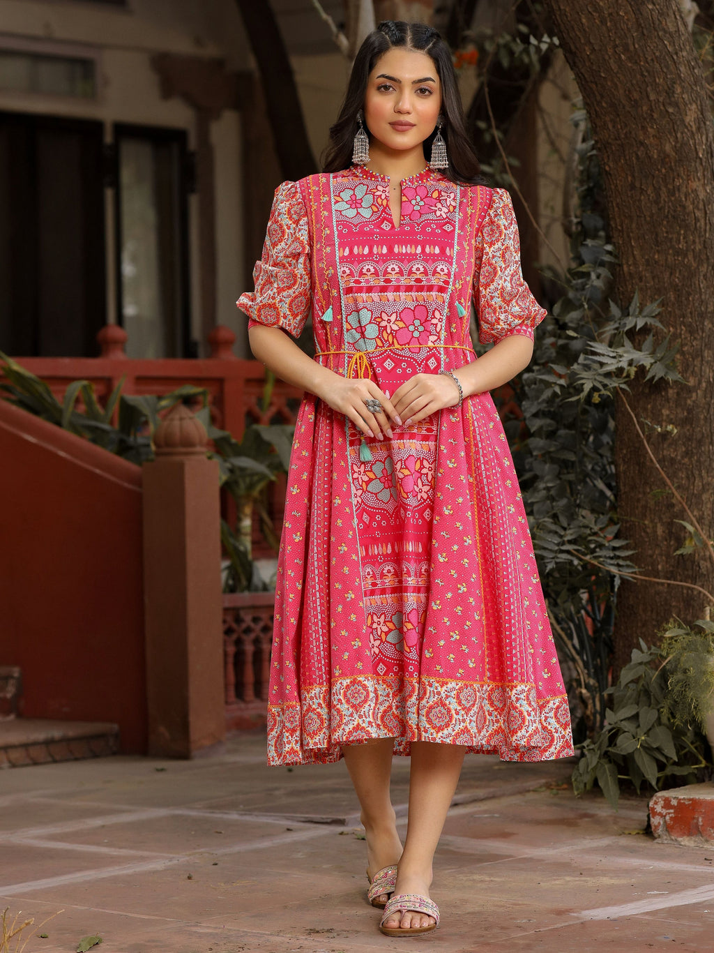 Juniper Women's Pink Floral Printed Pure Cotton Dress & Doris With Beads Work - Distacart