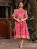 Juniper Women's Pink Floral Printed Pure Cotton Dress & Doris With Beads Work - Distacart
