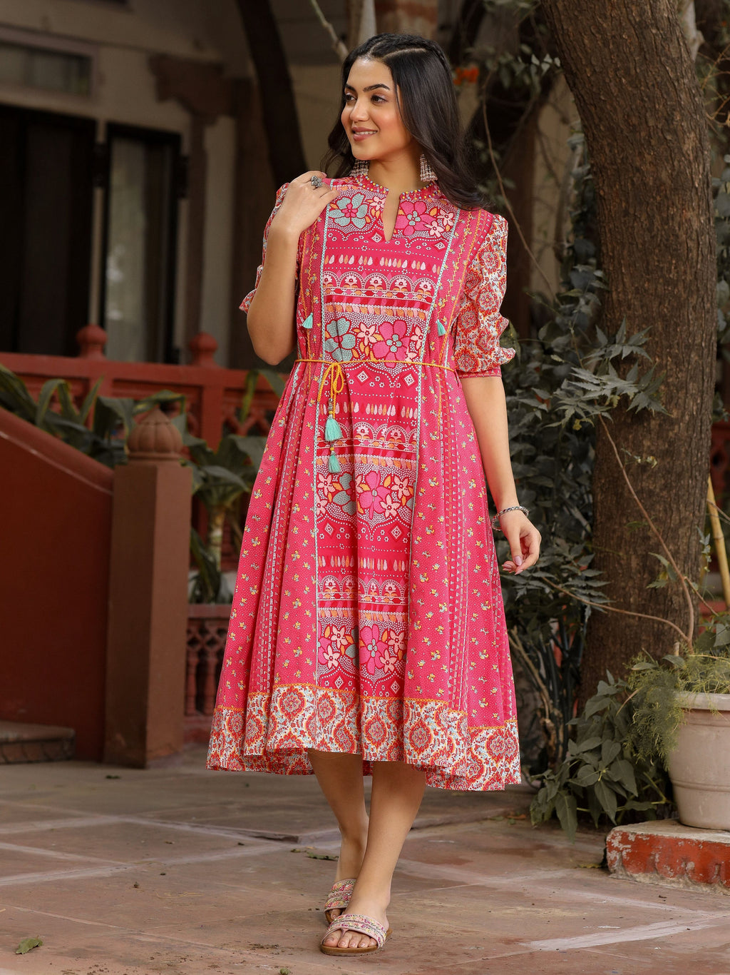 Juniper Women's Pink Floral Printed Pure Cotton Dress & Doris With Beads Work - Distacart