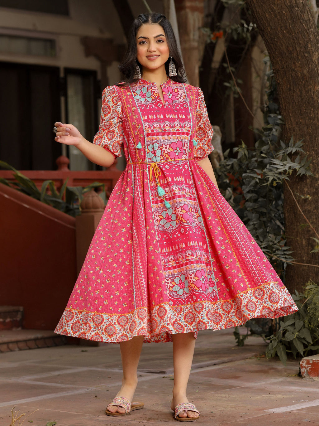 Juniper Women's Pink Floral Printed Pure Cotton Dress & Doris With Beads Work - Distacart