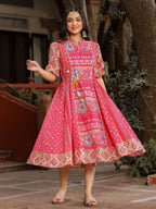 Juniper Women's Pink Floral Printed Pure Cotton Dress & Doris With Beads Work - Distacart