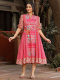 Juniper Women's Pink Floral Printed Pure Cotton Dress & Doris With Beads Work - Distacart